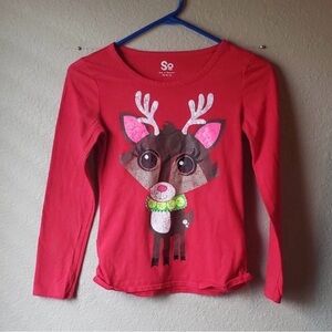 SO Shirt Girls Christmas Red Reindeer Long Sleeve Tee Shirt Top Girls Med 10-12